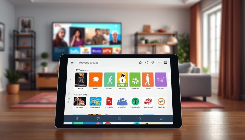 A visually engaging illustration showcasing "Comprehensive IPTV Subscription Plans for Canadians." In the foreground, display a modern digital tablet with an open app interface showing a variety of IPTV plans, featuring vibrant icons for movies, sports, and entertainment. The middle ground should present a stylish, well-lit living room setting, with a comfortable couch and a large TV screen displaying Canadian content icons, enhancing the ambiance of home entertainment. In the background, softly blurred elements of a cozy decor, like a bookshelf and potted plants, create a warm atmosphere. Use natural lighting to evoke a welcoming feel, with a focus on clarity and detail, reflecting the professionalism of the brand "iptvmaxcanada.com." The overall mood should inspire reliability and quality in streaming services. A visually engaging illustration showcasing "Comprehensive IPTV Subscription Plans for Canadians." In the foreground, display a modern digital tablet with an open app interface showing a variety of IPTV plans, featuring vibrant icons for movies, sports, and entertainment. The middle ground should present a stylish, well-lit living room setting, with a comfortable couch and a large TV screen displaying Canadian content icons, enhancing the ambiance of home entertainment. In the background, softly blurred elements of a cozy decor, like a bookshelf and potted plants, create a warm atmosphere. Use natural lighting to evoke a welcoming feel, with a focus on clarity and detail, reflecting the professionalism of the brand "iptvmaxcanada.com." The overall mood should inspire reliability and quality in streaming services.