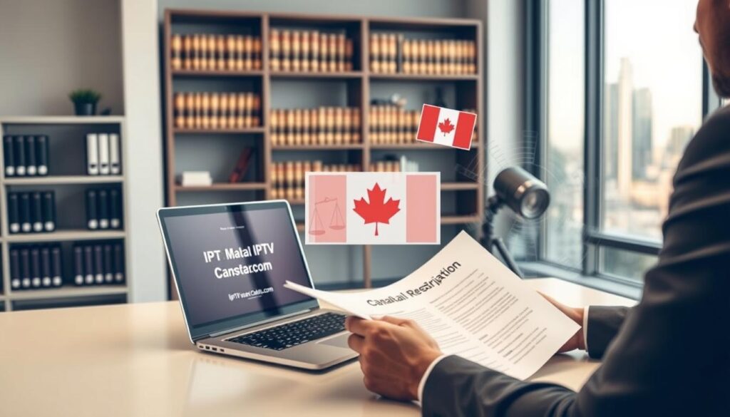 A visually engaging representation of "Legal Considerations: Is IPTV Subscription Legal in Canada?" Set in a modern office environment, the foreground features a professional-looking person in business attire, seated at a desk analyzing documents related to IPTV regulations, with a laptop displaying a website titled "iptvmaxcanada.com". In the middle, there are dynamic graphics or charts illustrating legal frameworks, alongside Canadian icons like a flag or the map in soft-focus. The background includes shelves filled with legal books and a large window showcasing a cityscape, bathed in soft, natural light suggesting early morning or late afternoon. The atmosphere is focused and serious, embodying the urgency of understanding IPTV legislation, with a clean and minimalist style. A visually engaging representation of "Legal Considerations: Is IPTV Subscription Legal in Canada?" Set in a modern office environment, the foreground features a professional-looking person in business attire, seated at a desk analyzing documents related to IPTV regulations, with a laptop displaying a website titled "iptvmaxcanada.com". In the middle, there are dynamic graphics or charts illustrating legal frameworks, alongside Canadian icons like a flag or the map in soft-focus. The background includes shelves filled with legal books and a large window showcasing a cityscape, bathed in soft, natural light suggesting early morning or late afternoon. The atmosphere is focused and serious, embodying the urgency of understanding IPTV legislation, with a clean and minimalist style.