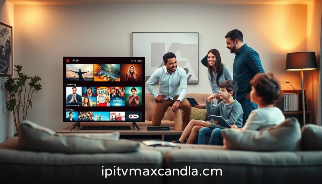 A visually engaging representation of the advantages of IPTV trends set in a modern living room. In the foreground, a sleek smart TV displays vibrant streaming options, showcasing various entertainment genres. In the middle, a diverse family—two adults and two children—are happily interacting around the TV, dressed in smart casual attire, embodying a sense of togetherness and enjoyment. The background features a stylish and cozy room with soft, warm lighting that enhances the inviting atmosphere. The entire scene should evoke a feeling of innovation and connectivity, reflecting the modern trend of IPTV. Incorporate subtle elements like tablets and smart devices to illustrate seamless access to content throughout the living space. Include the branding "iptvmaxcanada.com" tastefully integrated into the scene. A visually engaging representation of the advantages of IPTV trends set in a modern living room. In the foreground, a sleek smart TV displays vibrant streaming options, showcasing various entertainment genres. In the middle, a diverse family—two adults and two children—are happily interacting around the TV, dressed in smart casual attire, embodying a sense of togetherness and enjoyment. The background features a stylish and cozy room with soft, warm lighting that enhances the inviting atmosphere. The entire scene should evoke a feeling of innovation and connectivity, reflecting the modern trend of IPTV. Incorporate subtle elements like tablets and smart devices to illustrate seamless access to content throughout the living space. Include the branding "iptvmaxcanada.com" tastefully integrated into the scene.
