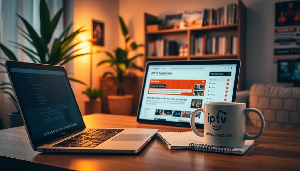 A visually engaging scene depicting the concept of "IPTV subscription Reddit insights" for Canadian viewers. In the foreground, an inviting desk setup features a modern laptop with an open Reddit page showing discussions about IPTV services. A warm, ambient light illuminates the space, enhancing a feeling of comfort and focus. In the middle ground, a stylish coffee mug with the brand name "iptvmaxcanada.com" sits beside the laptop alongside some notepads filled with important notes. The background showcases a cozy room with soft lighting, green plants, and a bookshelf filled with technology magazines, evoking an atmosphere of knowledge and reliability. The overall mood is professional yet relaxed, suggesting a space for research and informed decision-making about IPTV subscriptions in Canada. A visually engaging scene depicting the concept of "IPTV subscription Reddit insights" for Canadian viewers. In the foreground, an inviting desk setup features a modern laptop with an open Reddit page showing discussions about IPTV services. A warm, ambient light illuminates the space, enhancing a feeling of comfort and focus. In the middle ground, a stylish coffee mug with the brand name "iptvmaxcanada.com" sits beside the laptop alongside some notepads filled with important notes. The background showcases a cozy room with soft lighting, green plants, and a bookshelf filled with technology magazines, evoking an atmosphere of knowledge and reliability. The overall mood is professional yet relaxed, suggesting a space for research and informed decision-making about IPTV subscriptions in Canada.