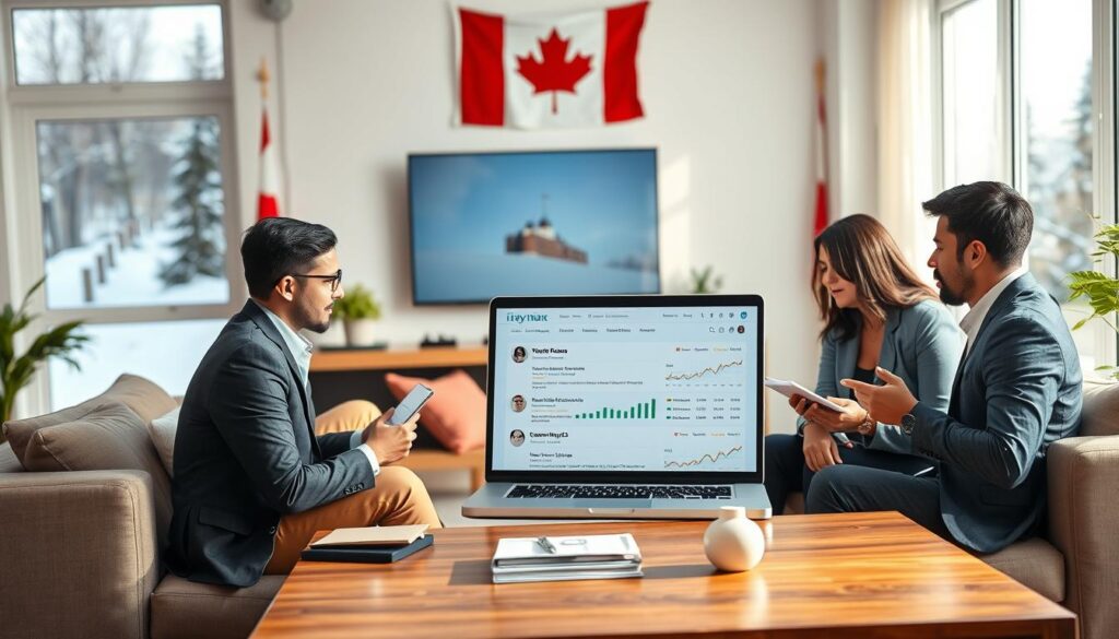 A visually engaging scene illustrating the evaluation of IPTV service quality for Canadian users. In the foreground, a diverse group of three individuals, two men and one woman, are seated around a modern coffee table, each taking notes and discussing their experiences with IPTV services, dressed in professional business attire. In the middle, a large laptop displays a forum page featuring discussions about IPTV services, with graphs and ratings visible on the screen. The background features a cozy, well-lit living room with Canadian elements, such as a flag and snowy window views, creating a warm, inviting atmosphere. Soft, natural lighting enhances the mood of collaboration and analysis, while a slight depth of field draws focus onto the group and the laptop. Include "iptvmaxcanada.com" subtly in the laptop display. A visually engaging scene illustrating the evaluation of IPTV service quality for Canadian users. In the foreground, a diverse group of three individuals, two men and one woman, are seated around a modern coffee table, each taking notes and discussing their experiences with IPTV services, dressed in professional business attire. In the middle, a large laptop displays a forum page featuring discussions about IPTV services, with graphs and ratings visible on the screen. The background features a cozy, well-lit living room with Canadian elements, such as a flag and snowy window views, creating a warm, inviting atmosphere. Soft, natural lighting enhances the mood of collaboration and analysis, while a slight depth of field draws focus onto the group and the laptop. Include "iptvmaxcanada.com" subtly in the laptop display.