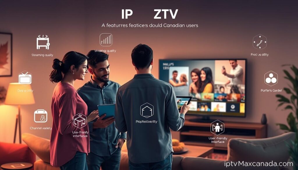 A visually informative illustration showcasing the key features of IPTV services tailored for Canadian users in 2026. In the foreground, display a diverse group of three individuals in modest casual clothing, engaged in conversation while examining a tablet displaying IPTV features. In the middle ground, incorporate visual elements like icons or symbols representing popular features such as streaming quality, channel variety, and user-friendly interface. The background shows a cozy living room setting with a large flat-screen TV showcasing the IPTV interface. Soft, ambient lighting creates a warm atmosphere, giving a sense of comfort and modernity. Emphasize a sleek, contemporary design that reflects the tech-savvy nature of Canadian users, including a small branding detail of "iptvmaxcanada.com" subtly integrated into the scene. A visually informative illustration showcasing the key features of IPTV services tailored for Canadian users in 2026. In the foreground, display a diverse group of three individuals in modest casual clothing, engaged in conversation while examining a tablet displaying IPTV features. In the middle ground, incorporate visual elements like icons or symbols representing popular features such as streaming quality, channel variety, and user-friendly interface. The background shows a cozy living room setting with a large flat-screen TV showcasing the IPTV interface. Soft, ambient lighting creates a warm atmosphere, giving a sense of comfort and modernity. Emphasize a sleek, contemporary design that reflects the tech-savvy nature of Canadian users, including a small branding detail of "iptvmaxcanada.com" subtly integrated into the scene.