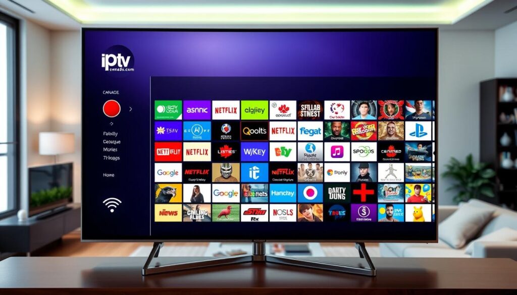 A visually striking and informative representation of an extensive IPTV channel lineup in Canada, showcasing a vibrant array of both Canadian and international content. In the foreground, a sleek TV screen displays a colorful interface filled with diverse channel icons, illustrating various genres like sports, news, movies, and children's programming. The middle ground features a stylish living room setting with a comfortable couch and modern decor, emphasizing a homey atmosphere. In the background, soft ambient lighting creates a warm and inviting mood, while the logo "iptvmaxcanada.com" subtly appears as part of the TV interface. The image is captured from a slightly elevated angle, enhancing the perspective of a viewer enjoying this rich streaming experience. A visually striking and informative representation of an extensive IPTV channel lineup in Canada, showcasing a vibrant array of both Canadian and international content. In the foreground, a sleek TV screen displays a colorful interface filled with diverse channel icons, illustrating various genres like sports, news, movies, and children's programming. The middle ground features a stylish living room setting with a comfortable couch and modern decor, emphasizing a homey atmosphere. In the background, soft ambient lighting creates a warm and inviting mood, while the logo "iptvmaxcanada.com" subtly appears as part of the TV interface. The image is captured from a slightly elevated angle, enhancing the perspective of a viewer enjoying this rich streaming experience.