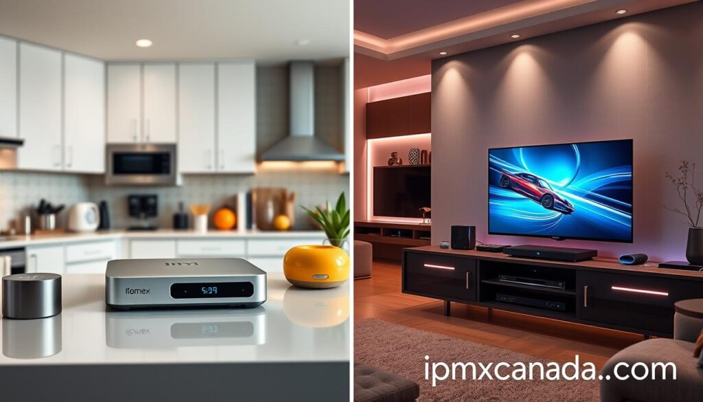 A visually striking comparison scene showcasing two IPTV boxes: on the left, a sleek, budget-friendly IPTV box in a modern kitchen setting, with a price tag symbol and minimalist design. It should be surrounded by everyday household items, conveying accessibility and practicality. On the right, an elite IPTV box with luxurious finishes, positioned on a stylish entertainment unit, accompanied by high-end gadgets and ambient lighting that enhances its elegance. The background features a tastefully decorated living room that highlights comfort and sophistication. Use soft, diffused lighting to create an inviting atmosphere, and shoot from a slightly elevated angle to capture both boxes effectively. Include a subtle hint of the website "iptvmaxcanada.com" in the scene, ensuring a professional and polished look.