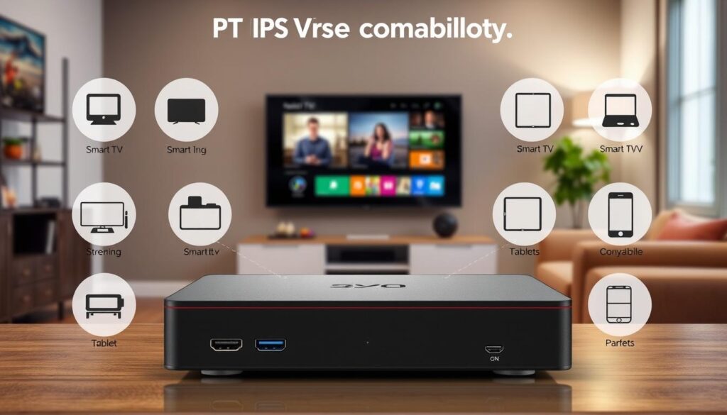 A visually striking overview of IPTV Smarter Player device compatibility, emphasizing its versatility across various devices. In the foreground, showcase a sleek IPTV box with USB ports and HDMI outputs, surrounded by icons representing compatible devices such as smart TVs, streaming devices, tablets, and smartphones. The middle layer features a modern living room setup, with a large flat-screen TV displaying IPTV Smarter Player in action. The background includes slightly blurred elements of a cozy home environment with soft lighting, creating an inviting atmosphere. Use a professional, clean lens with a slight depth of field to focus on the IPTV device and its connections. Emphasize a warm color palette to evoke comfort while clearly illustrating compatibility with the brand "iptvmaxcanada.com."