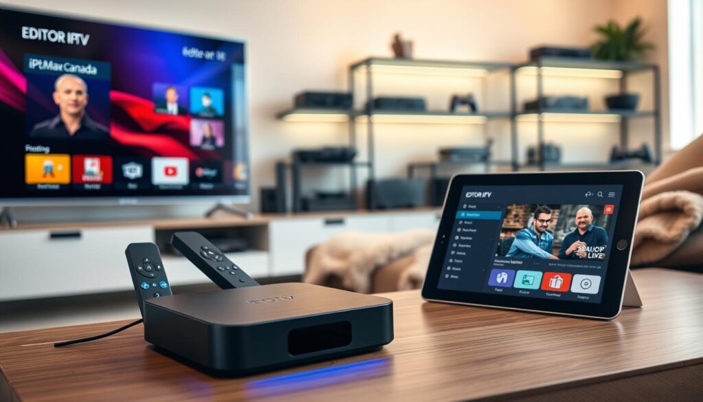 A well-equipped modern living room showcasing the best devices for using Editor IPTV efficiently. In the foreground, a sleek smart TV displaying the iptvmaxcanada.com interface prominently with vibrant color contrasts. To the side, a stylish streaming box with glowing indicators and a wireless remote control, alongside a tablet displaying the IPTV application. In the middle of the room, a comfortable sofa with a soft throw blanket invites relaxation. The background features a well-organized shelf with tech accessories, such as soundbars and gaming consoles, under soft ambient lighting that creates a warm atmosphere. The image captures a sense of innovation and comfort, perfect for an entertainment-focused lifestyle, with a depth of field that softly blurs the background, drawing attention to the IPTV devices. A well-equipped modern living room showcasing the best devices for using Editor IPTV efficiently. In the foreground, a sleek smart TV displaying the iptvmaxcanada.com interface prominently with vibrant color contrasts. To the side, a stylish streaming box with glowing indicators and a wireless remote control, alongside a tablet displaying the IPTV application. In the middle of the room, a comfortable sofa with a soft throw blanket invites relaxation. The background features a well-organized shelf with tech accessories, such as soundbars and gaming consoles, under soft ambient lighting that creates a warm atmosphere. The image captures a sense of innovation and comfort, perfect for an entertainment-focused lifestyle, with a depth of field that softly blurs the background, drawing attention to the IPTV devices.