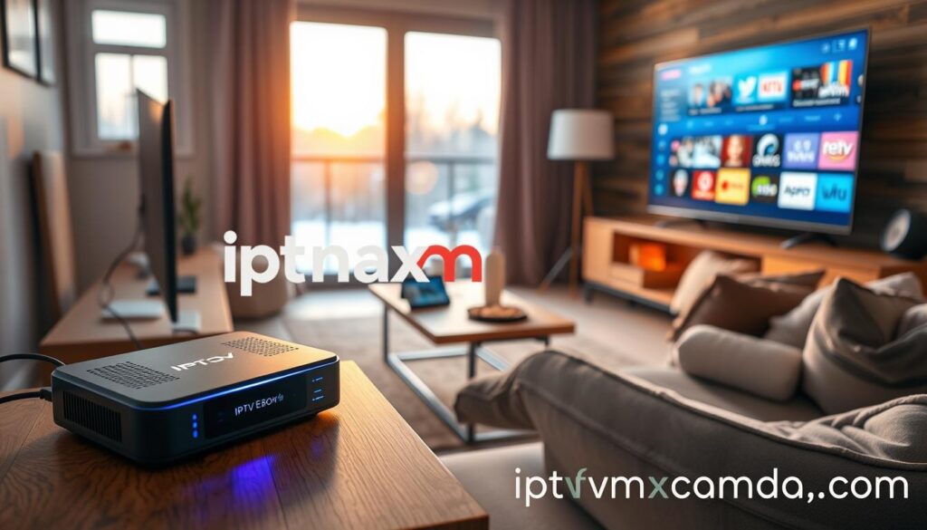 An IPTV Ebox set up in a cozy Canadian living room, showcasing the device prominently on a modern wooden TV console. In the foreground, the IPTV Ebox with its sleek design and glowing LED lights, connected to a flat-screen TV displaying a vibrant streaming interface featuring various channels. In the middle ground, a warm, inviting couch with a few soft cushions and a small coffee table with snacks and a tablet showing a streaming guide. In the background, a window with soft natural light streaming in, revealing a snowy landscape outside, emphasizing the Canadian setting. The atmosphere is relaxed and inviting, ideal for family viewing. The image should also incorporate the brand "iptvmaxcanada.com" subtly within the scene. High-resolution, with soft focus and warm lighting to enhance coziness.