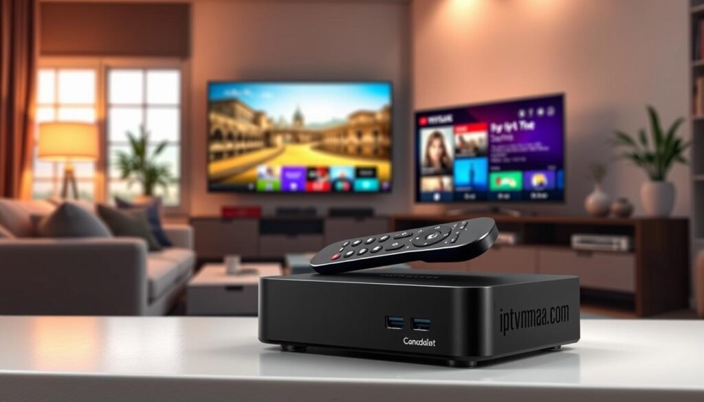 An engaging and informative illustration showcasing the key features of a 2026 IPTV box, designed for Canadian buyers. In the foreground, a sleek, modern IPTV box prominently displays its features, such as 4K resolution, smart interface, multiple ports, and a user-friendly remote. In the middle ground, a well-lit living room setting features a large flat-screen TV, displaying a vibrant streaming service interface, with a cozy sofa nearby. The background includes a stylish decor, enhancing the home entertainment vibe. The lighting is warm and inviting, capturing a comfortable atmosphere. The angle is slightly elevated to emphasize the IPTV box and its features, creating a dynamic but focused composition. The scene conveys excitement and innovation in home streaming technology, with the brand name "iptvmaxcanada.com" subtly integrated into the IPTV box design.