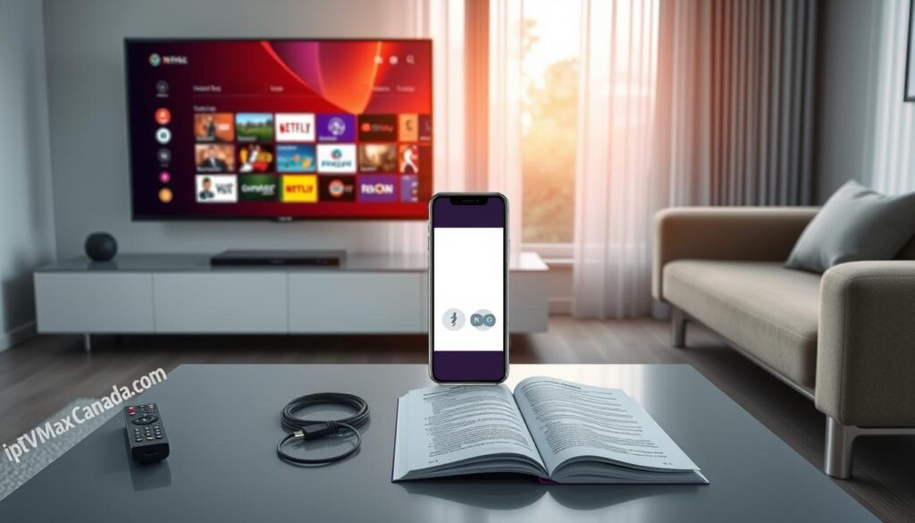 An organized IPTV player setup guide illustration featuring a sleek living room environment. In the foreground, a modern smart TV displays the IPTV player interface prominently, showcasing a vibrant streaming menu with various channels. On a stylish coffee table, there is a remote control, an HDMI cable, and a user manual open to the setup instructions. The middle section highlights a smartphone with a companion app opened, symbolizing convenience in setup. In the background, soft natural light filters through a large window, creating a cozy atmosphere. The entire setting is designed to evoke a sense of ease and sophistication. The brand "iptvmaxcanada.com" is subtly integrated into the scene, ensuring a harmonious look without text overlays.