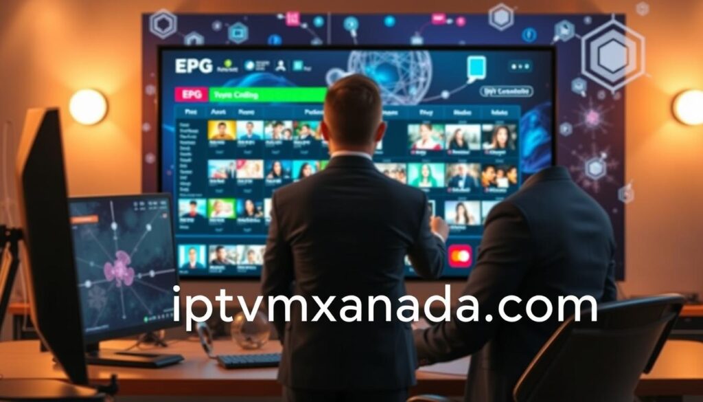 An overview of Electronic Program Guide (EPG) integration in an IPTV editing environment. In the foreground, a sleek computer setup displaying a vibrant user interface featuring EPG data, with colorful thumbnails of TV shows and schedules. In the middle, a professional person in business attire interacts with the interface, showing concentration and engagement. The background includes soft-focus elements representing IPTV features such as streaming channels and content management tools, adorned with abstract digital elements and icons symbolizing connectivity and data flow. The atmosphere is modern and tech-savvy, illuminated by warm lighting that emphasizes productivity. Ensure the brand name "iptvmaxcanada.com" is subtly incorporated in the design, while maintaining an overall tidy and sophisticated look. An overview of Electronic Program Guide (EPG) integration in an IPTV editing environment. In the foreground, a sleek computer setup displaying a vibrant user interface featuring EPG data, with colorful thumbnails of TV shows and schedules. In the middle, a professional person in business attire interacts with the interface, showing concentration and engagement. The background includes soft-focus elements representing IPTV features such as streaming channels and content management tools, adorned with abstract digital elements and icons symbolizing connectivity and data flow. The atmosphere is modern and tech-savvy, illuminated by warm lighting that emphasizes productivity. Ensure the brand name "iptvmaxcanada.com" is subtly incorporated in the design, while maintaining an overall tidy and sophisticated look.