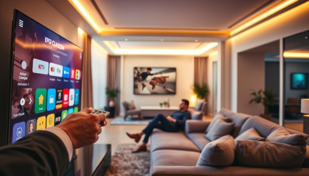 Create a sleek, modern living room interior showcasing advanced IPTV features. In the foreground, depict a stylish, large-screen TV displaying an Electronic Program Guide (EPG) interface with colorful, user-friendly icons. Include a hand reaching out to interact with a remote control. In the middle, illustrate a cozy couch with neatly arranged cushions, where a person in smart casual attire is relaxed, watching the TV. The background should feature a well-lit room with softly glowing ambient lights and tasteful decor, emphasizing a high-tech lifestyle. Use warm lighting to create an inviting atmosphere. The image should subtly include a glimpse of the website "iptvmaxcanada.com" reflected on the TV screen without any text or logos. Ensure the scene feels contemporary and engaging, highlighting the enhancement of viewing experience. Create a sleek, modern living room interior showcasing advanced IPTV features. In the foreground, depict a stylish, large-screen TV displaying an Electronic Program Guide (EPG) interface with colorful, user-friendly icons. Include a hand reaching out to interact with a remote control. In the middle, illustrate a cozy couch with neatly arranged cushions, where a person in smart casual attire is relaxed, watching the TV. The background should feature a well-lit room with softly glowing ambient lights and tasteful decor, emphasizing a high-tech lifestyle. Use warm lighting to create an inviting atmosphere. The image should subtly include a glimpse of the website "iptvmaxcanada.com" reflected on the TV screen without any text or logos. Ensure the scene feels contemporary and engaging, highlighting the enhancement of viewing experience.
