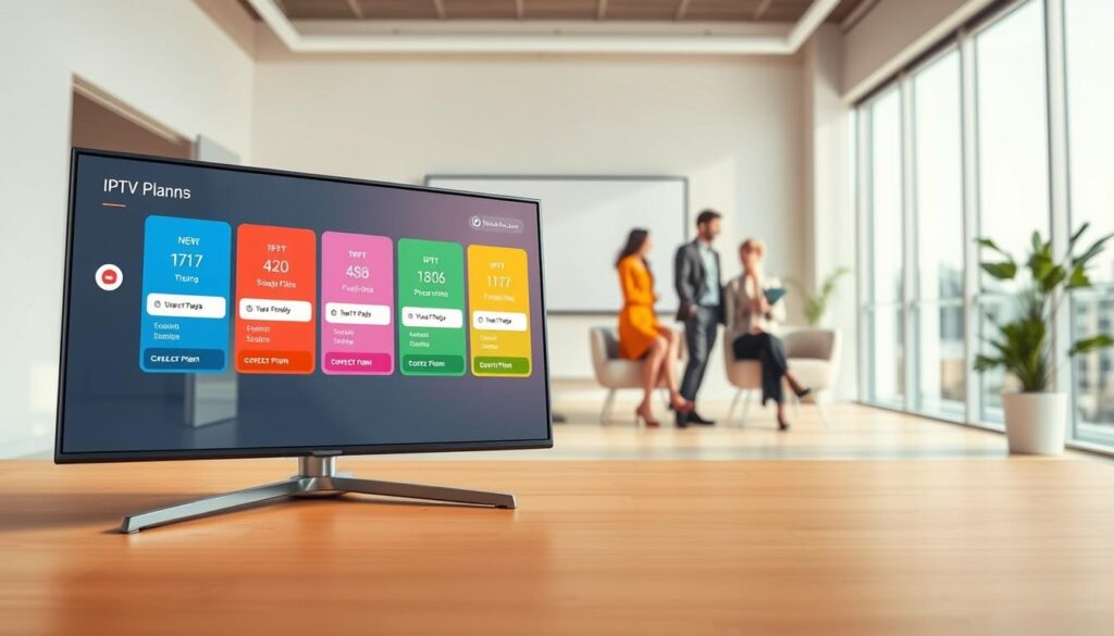 Create a visually appealing illustration showcasing different subscription plans for IPTV services in 2026. In the foreground, depict a sleek, modern digital device displaying a user-friendly interface with various IPTV plan options, each represented by colorful icons and pricing tiers. The middle ground should feature a stylish, professional business setting with a diverse group of individuals dressed in business attire, engaging in a discussion about these plans. In the background, include a minimalist office space with large windows allowing natural light to illuminate the scene, creating a warm and inviting atmosphere. Ensure the brand name "iptvmaxcanada.com" is subtly integrated into the design. The overall mood should convey innovation and professionalism, perfect for an article about technology and service selection. Create a visually appealing illustration showcasing different subscription plans for IPTV services in 2026. In the foreground, depict a sleek, modern digital device displaying a user-friendly interface with various IPTV plan options, each represented by colorful icons and pricing tiers. The middle ground should feature a stylish, professional business setting with a diverse group of individuals dressed in business attire, engaging in a discussion about these plans. In the background, include a minimalist office space with large windows allowing natural light to illuminate the scene, creating a warm and inviting atmosphere. Ensure the brand name "iptvmaxcanada.com" is subtly integrated into the design. The overall mood should convey innovation and professionalism, perfect for an article about technology and service selection.